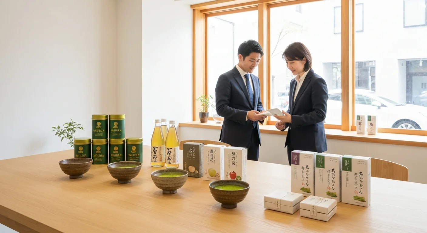 木箱と白い器に日本産の食品サンプルを整えた商談用のテーブル