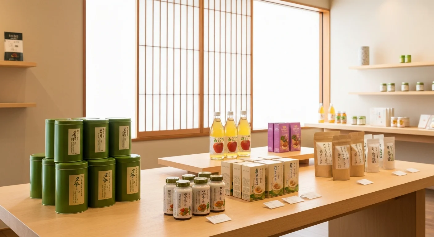日本の食品と生活用品を整然と並べた輸出向けショールームの全景