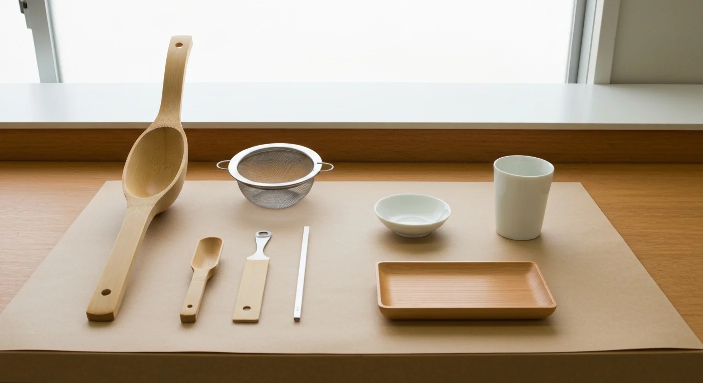 木の盆に茶筅、茶杓、抹茶の器と食品素材を整えた俯瞰写真