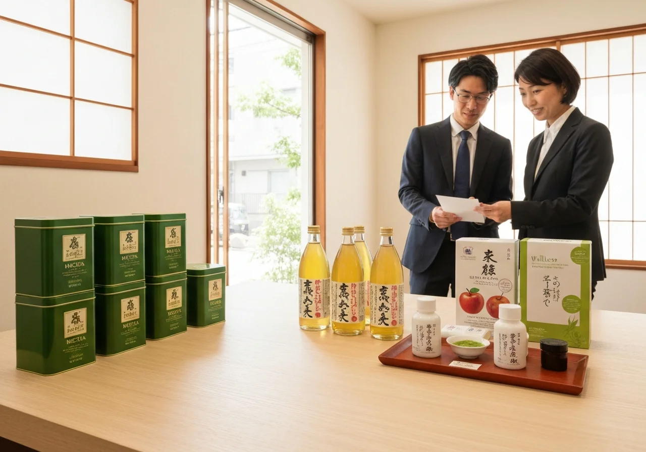 木製の棚に抹茶や日本食品の瓶と箱を整えて並べた展示